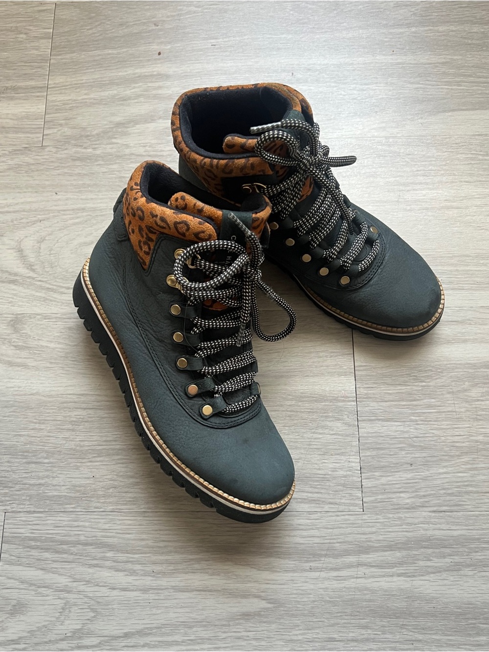 Cole Haan GrandExplore Black Leather Leopard Print Hiking Boots 7.5B